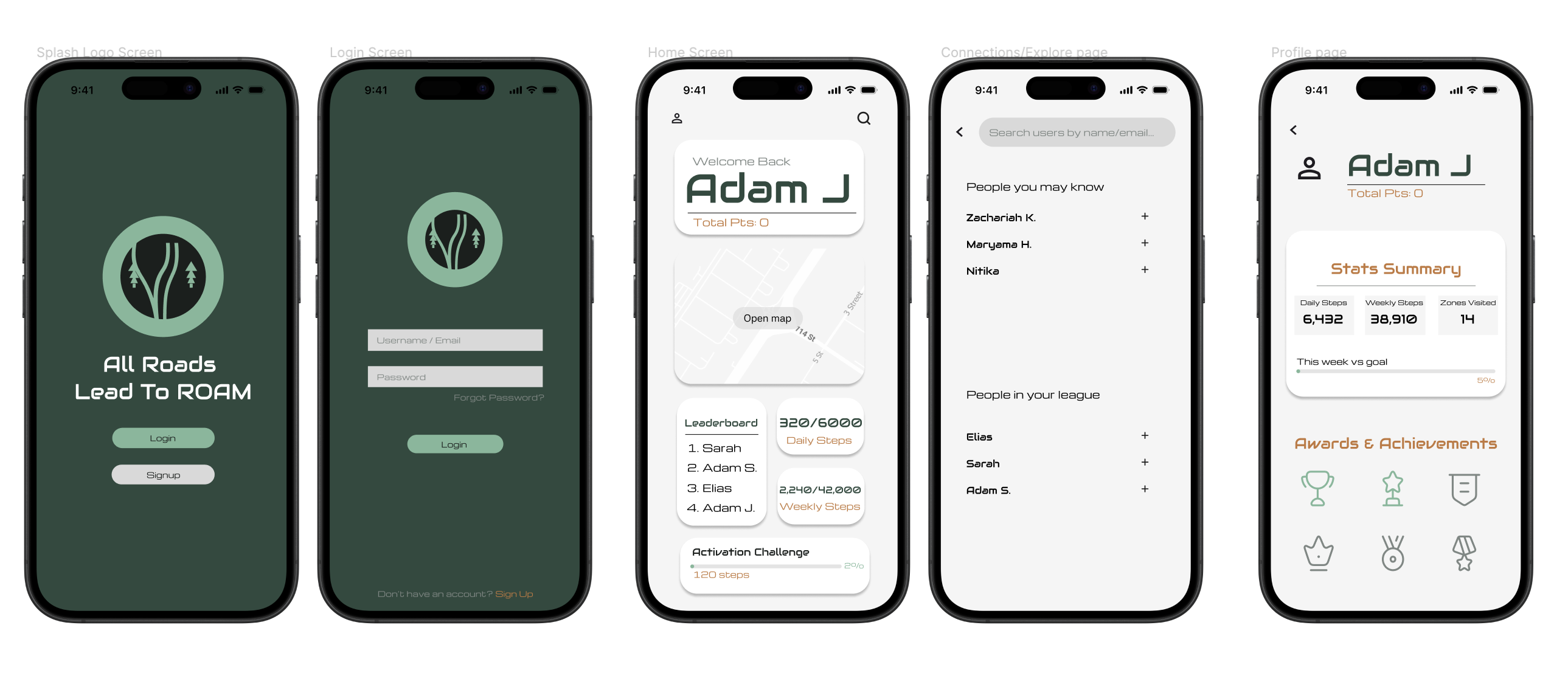 ROAM app screens — onboarding and map